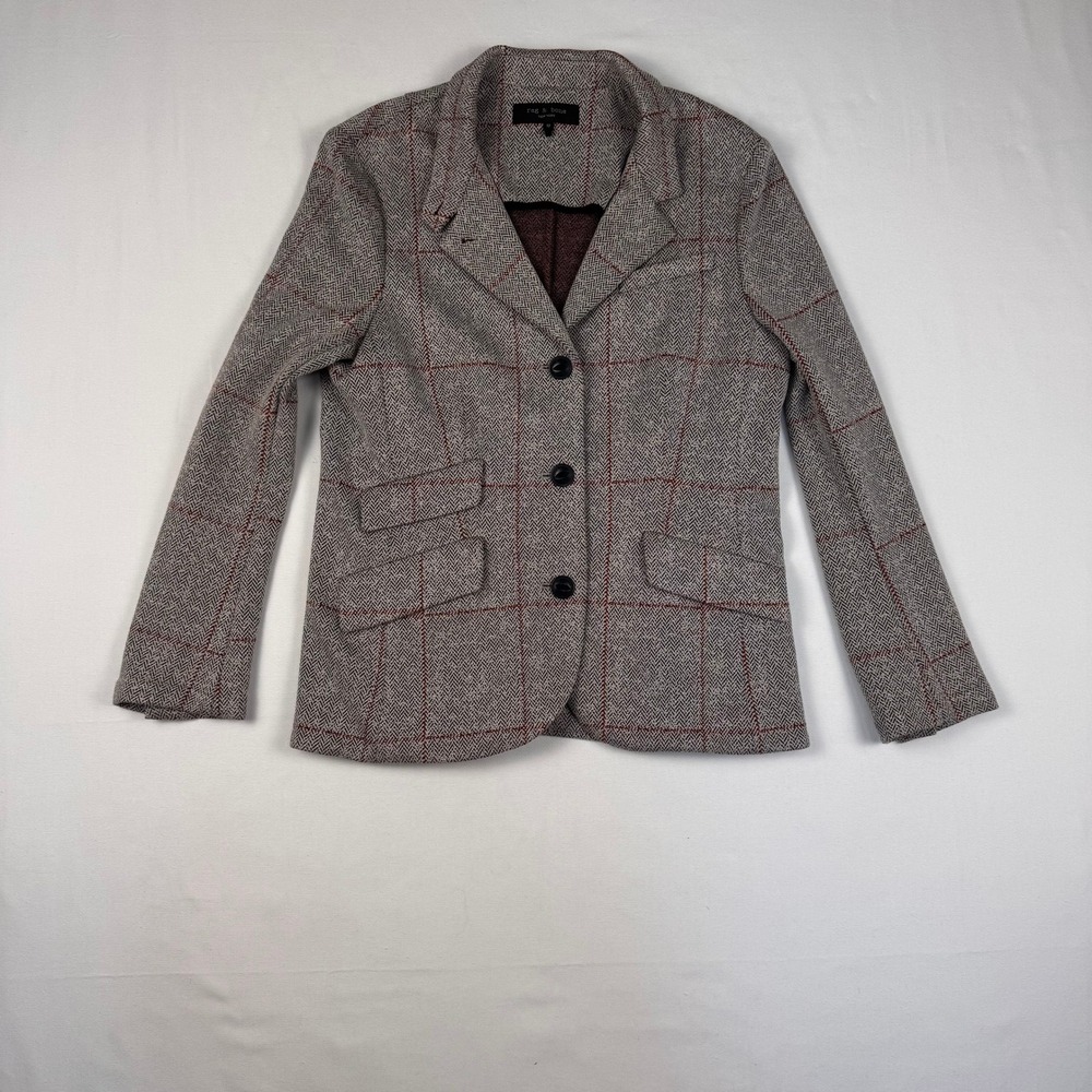 Rag & Bone Blazer Women Size 12 Gray Red Herringbone Windowpane Knit Jacket - Picture 4 of 13